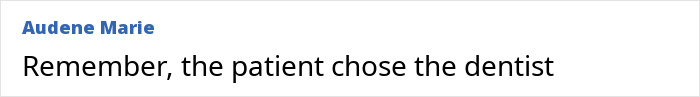 Text excerpt showing a comment mentioning a patient choosing a dentist related to a morbidly obese patient and Instagram-famous dentist incident.