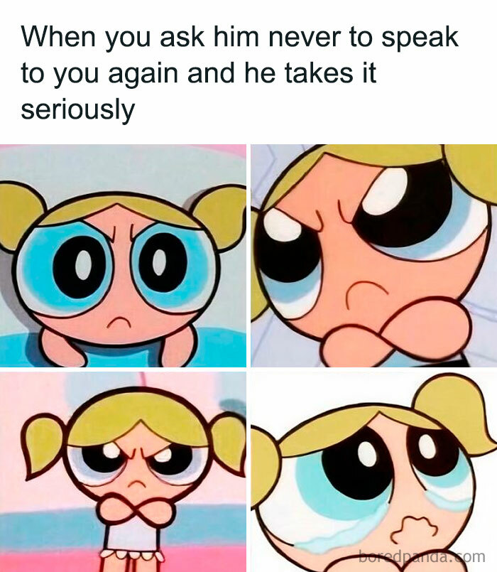 Cartoon girl in various angry and sad expressions, illustrating unhinged things women said in popular screenshots.