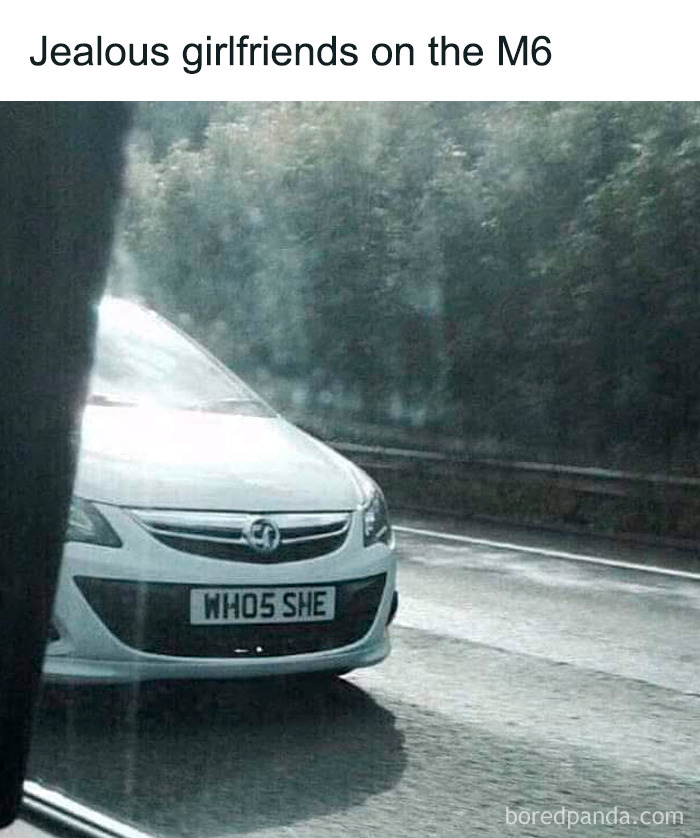 White car with personalized license plate saying WHO5 SHE on a highway, illustrating unhinged things women said.