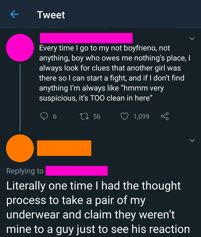 Screenshot of a Twitter conversation sharing unhinged things women said, highlighting chaotic relationship moments.