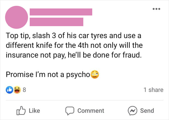 Screenshot of an unhinged comment from a woman advising to slash car tires with different knives to avoid insurance payment.