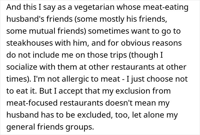 Alt text: Excerpt discussing a woman navigating friend group dynamics around dinner invitations and social exclusions.