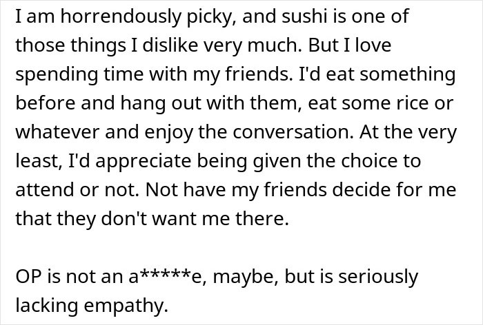 Text excerpt about a woman discussing being selectively invited to dinner and feeling excluded by her friend group.