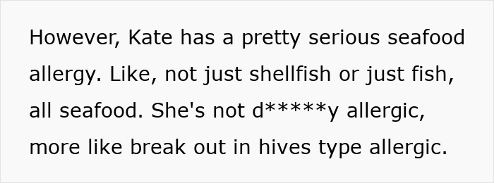 Text discussing a woman&rsquo;s serious seafood allergy causing hives, related to inviting friend group members for dinner.