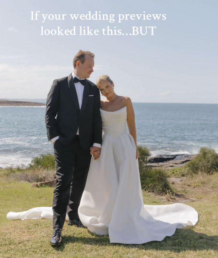 Bride and groom posing by the ocean during wedding photo shoot with well-known professional photographer outdoors.