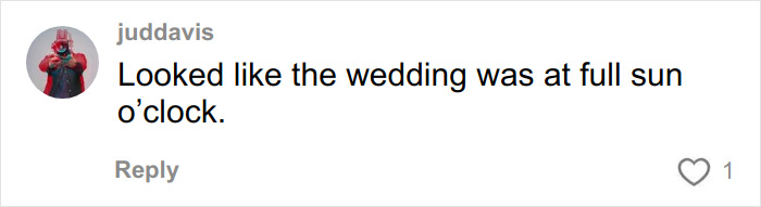 Comment on social media about wedding pictures taken by a well-known professional, mentioning full sun causing issues.