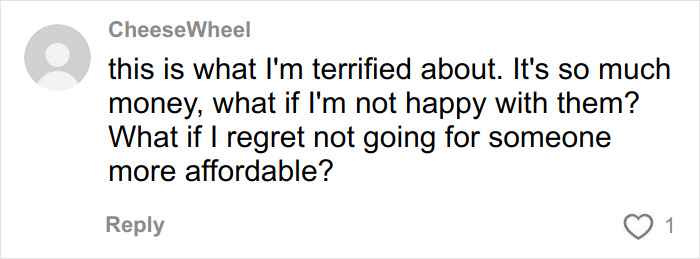 Comment expressing fear about hiring a well-known professional for wedding pics and concerns over the cost and quality.