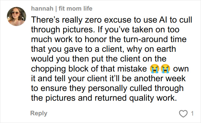 User comment criticizing use of AI for culling wedding pics after hiring a well-known professional photographer.