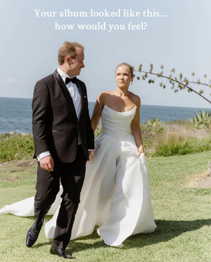 Bride and groom walking outdoors by the sea in wedding attire, illustrating professional wedding pics with a poor outcome.