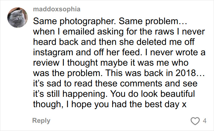 Comment from user maddoxsophia expressing frustration over a wedding photographer who deleted her on social media after poor photo delivery.