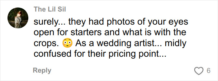 Comment criticizing wedding photos by a well-known professional, expressing confusion about pricing and photo quality.