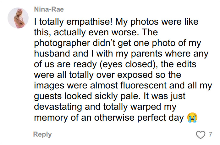 Woman shares experience of hiring a well-known professional for wedding pics but receiving horrible, overexposed photos instead.