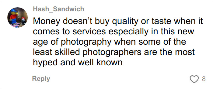Comment highlighting that hiring a well-known professional photographer does not guarantee quality wedding pics.