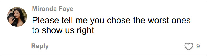 Comment by Miranda Faye questioning choice of worst wedding pics, displayed in a social media post interface.