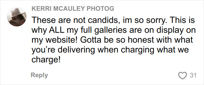 Comment from photographer Kerri McAuley apologizing for photos, emphasizing honesty about wedding pics quality and pricing.