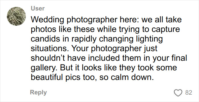 Comment from a wedding photographer explaining challenges in capturing candid wedding photos with changing lighting conditions.