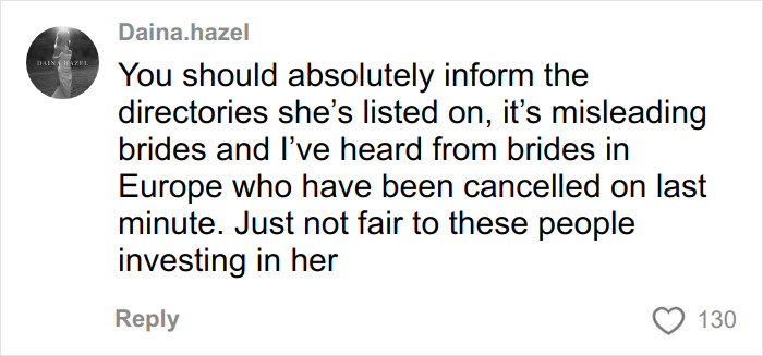 Comment by user Daina.hazel criticizing a well-known professional for misleading brides about wedding photography services.