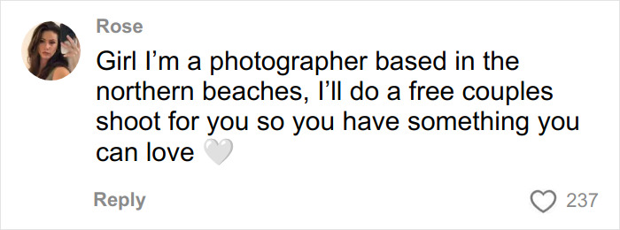 Comment from woman offering free couples photoshoot, mentioning photography and northern beaches location.