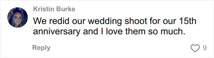 Comment from a woman expressing love for her wedding shoot photos after a redo for their 15th anniversary.