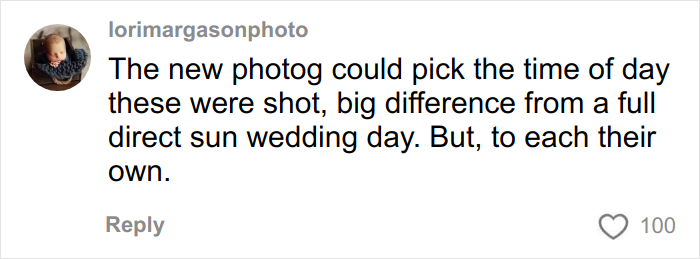 Comment mentioning issues with wedding pics due to poor timing by a well-known professional photographer.