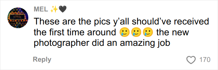 Comment on social media praising new photographer for amazing wedding pics after horrible shots from well-known professional.