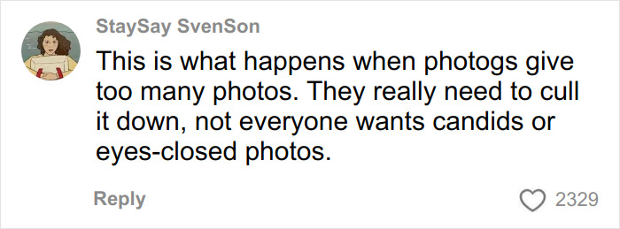 Comment about wedding pics from a woman unhappy with a well-known professional photographer&rsquo;s photo selection.