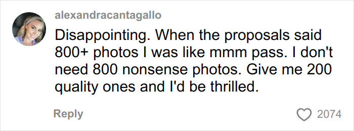 User expressing disappointment about wedding photos from a well-known professional, expecting quality over quantity.
