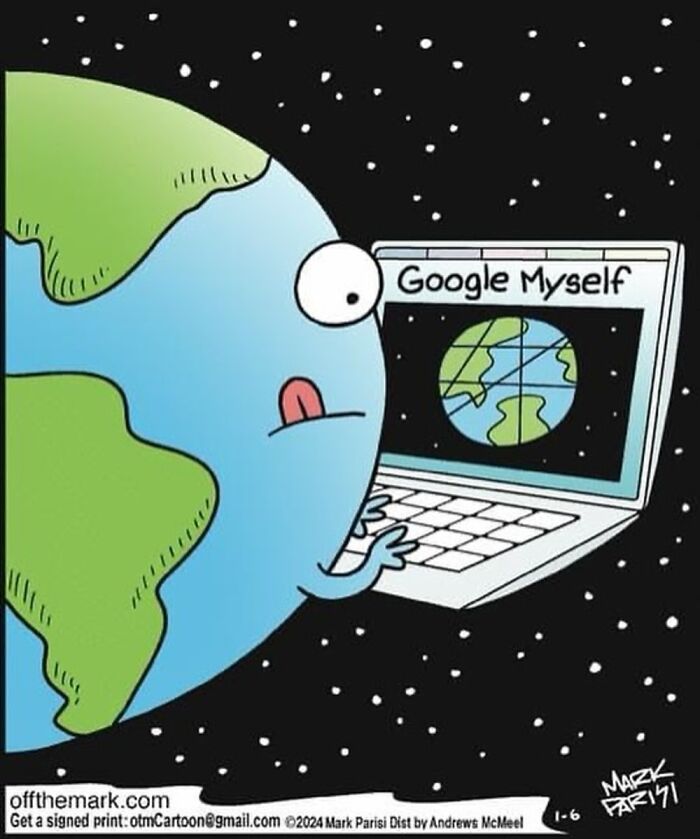 Cartoon of Earth using a laptop to Google itself, illustrating humor in everyday life cartoons.