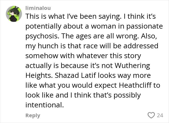 User comment discussing the Margot Robbie Wuthering Heights trailer and character interpretations, including Heathcliff&rsquo;s portrayal.