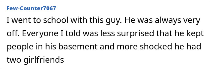 User comment on missing brother case, expressing surprise about basement imprisonment and relationships from school days.