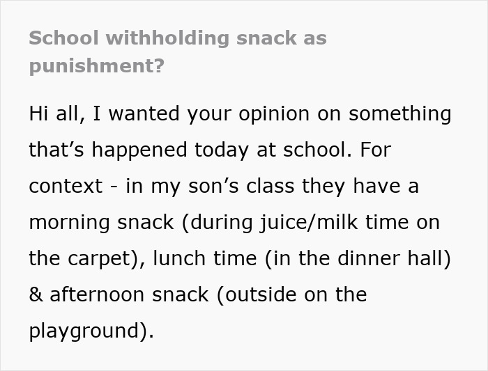 Child left hungry at school after teacher denies snack as consequence for fighting during school day routine.