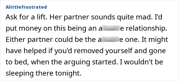 Text of a frustrated comment discussing a lady visiting friend abroad who considers escape after friend&rsquo;s intoxicated partner serenades her in bed.