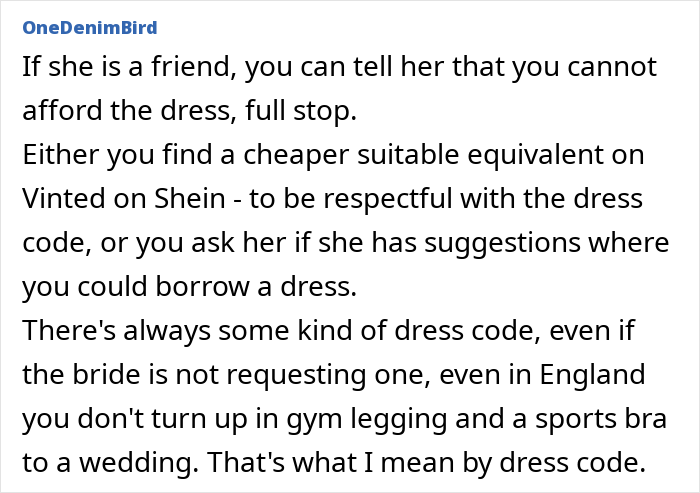 Text excerpt discussing bridesmaid dress affordability and dress code advice after bride-to-be requests payment.
