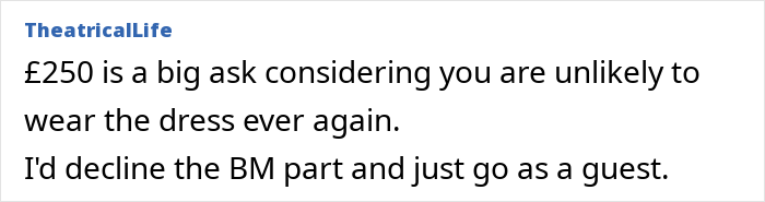Screenshot of a comment discussing bridesmaid dress costs and a woman upset after being asked to pay for her own dress.