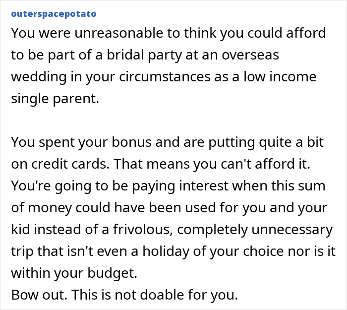 Comment discussing financial struggles of a bridesmaid asked to pay for her own dress by bride-to-be.