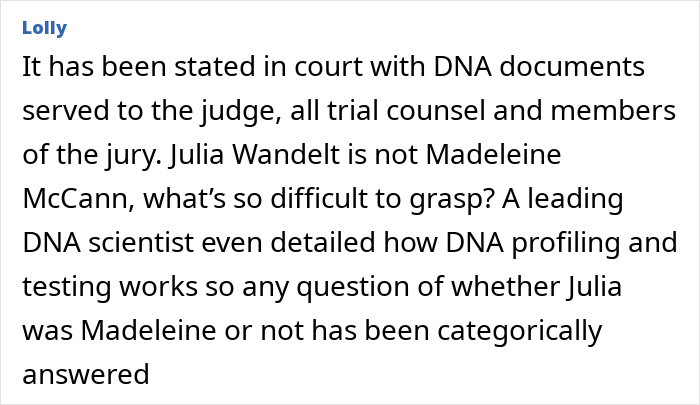 Woman in court testimony revealing clues while discussing belief she was Madeleine McCann with DNA evidence shown.