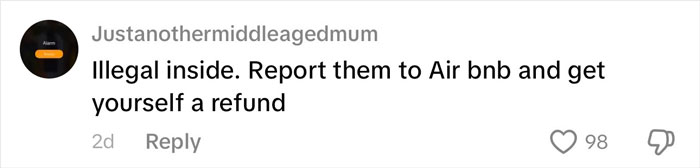 Comment on social media warning about illegal activity and advising to report to Airbnb for a refund after family rushed out of rental house.