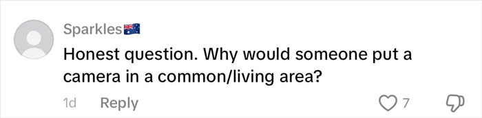 User comment on social media questioning why a camera would be placed in a common living area, related to family rushing out of rental house.