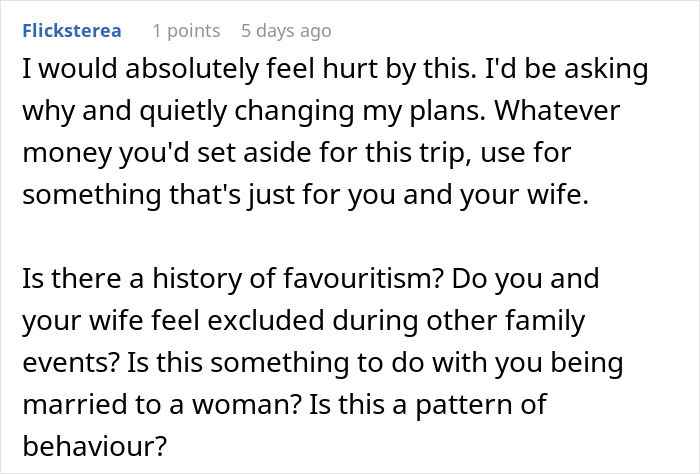 Comment discussing feelings of hurt and favoritism when a family plans separate drive to Disneyland, suggesting changes in trip plans.
