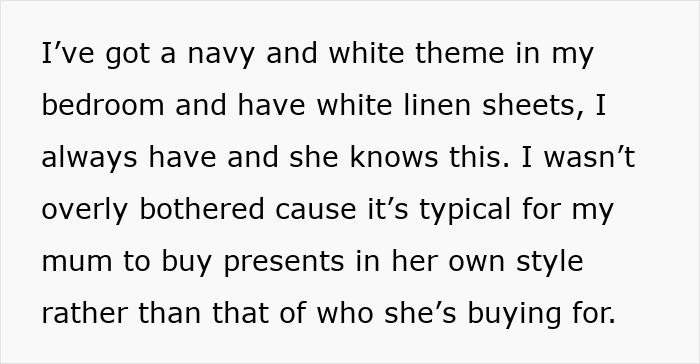 Text excerpt about mums bad birthday presents describing a navy and white themed bedroom with white linen sheets not matching the mum&rsquo;s gift style.