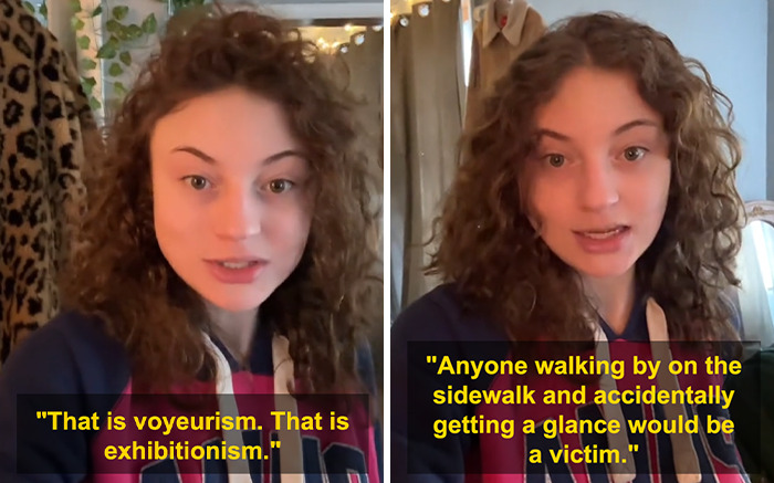Woman with curly hair speaking in a video, addressing voyeurism and exhibitionism in a heated debate about firing. Woman with curly hair speaking in a video, addressing voyeurism and exhibitionism in a heated debate about firing.