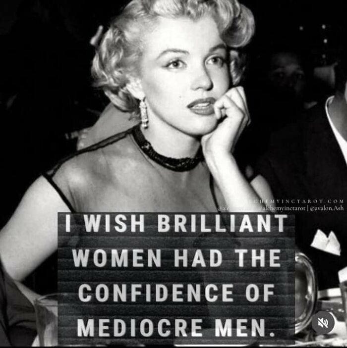 Black and white photo of a woman with text about brilliant women and confidence, related to fight the patriarchy posts.