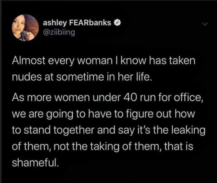 Tweet from ashley FEARbanks on patriarchy discussing women's photos, highlighting unity and shame around leaking, related to fight the patriarchy.