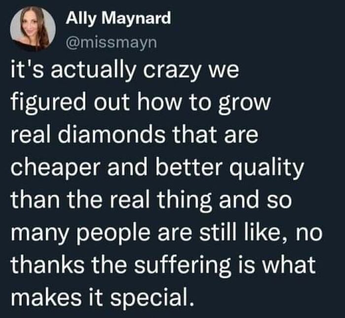 Screenshot of a meme from the Fight The Patriarchy page about growing real diamonds and suffering's perceived value.