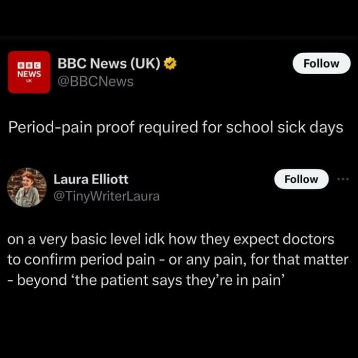 Tweet discusses the challenge of proving period pain for sick days, highlighting a fight the patriarchy meme theme.
