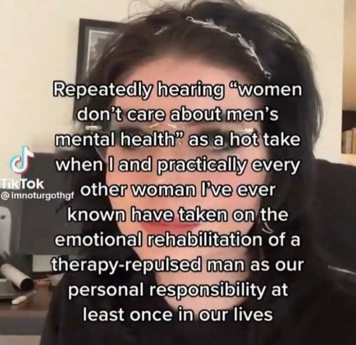 Text post on Fight The Patriarchy page about women supporting men’s mental health despite common stereotypes, over a person’s face.