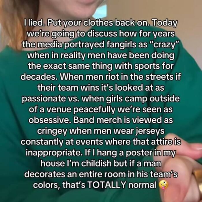 Text post from Fight The Patriarchy page comparing media portrayal of fangirls and men in sports, highlighting gender bias.