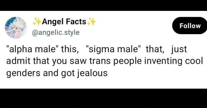Meme from Fight The Patriarchy page about gender labels and trans people inventing cool genders, sparking jealousy.