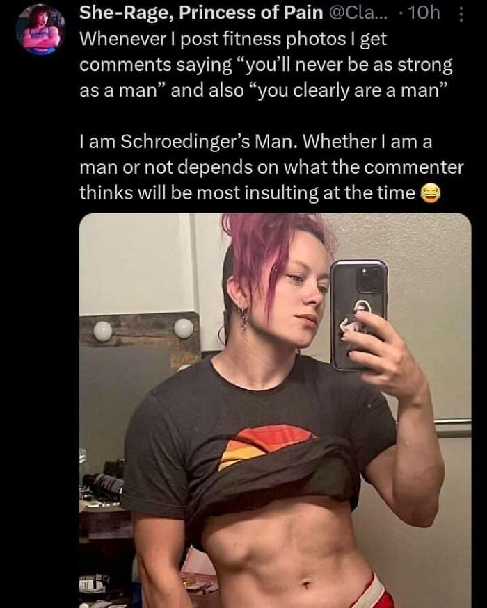 Person with pink hair taking a mirror selfie showing abs, paired with a funny post from Fight The Patriarchy page about gender stereotypes.