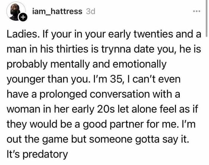 Screenshot of a social media post discussing age differences in dating, featured on the Fight The Patriarchy page.